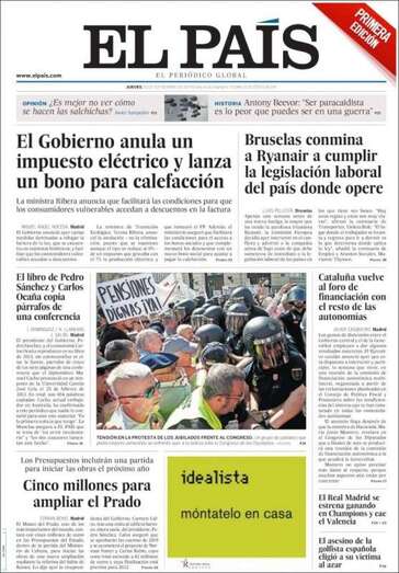 Portada del diario El País para este jueves, 20 de septiembre (Foto TA)